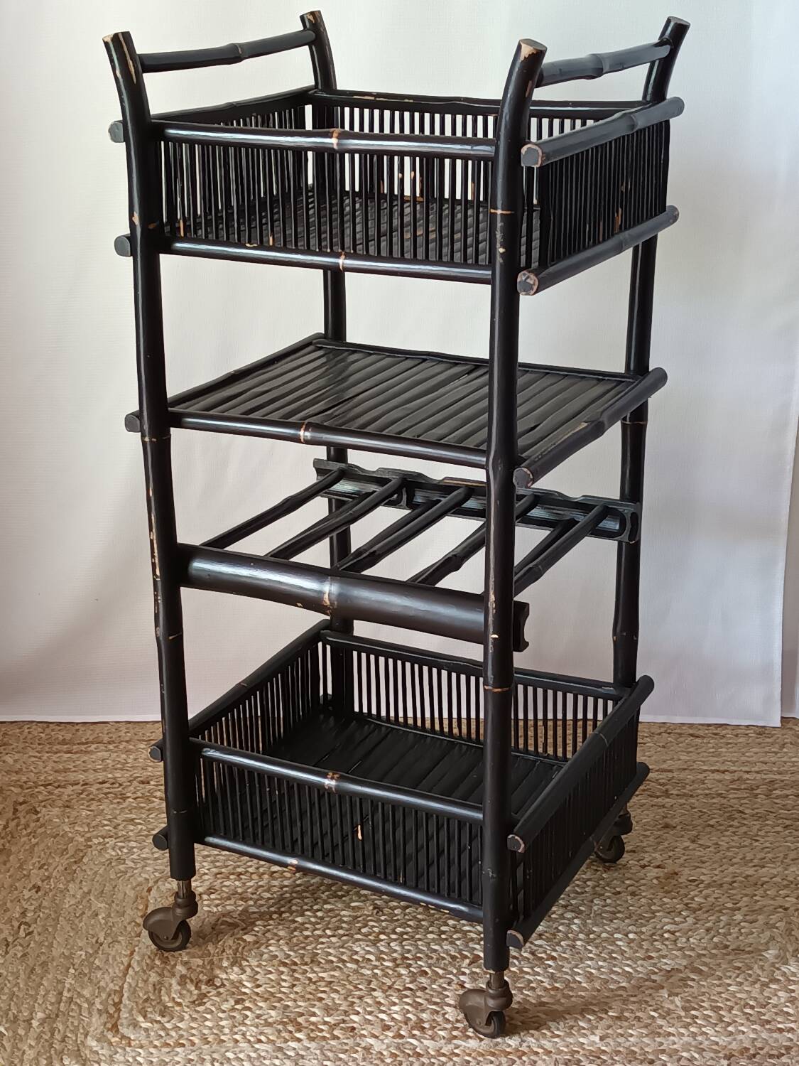 Vintage 50's black lacquered bamboo trolley