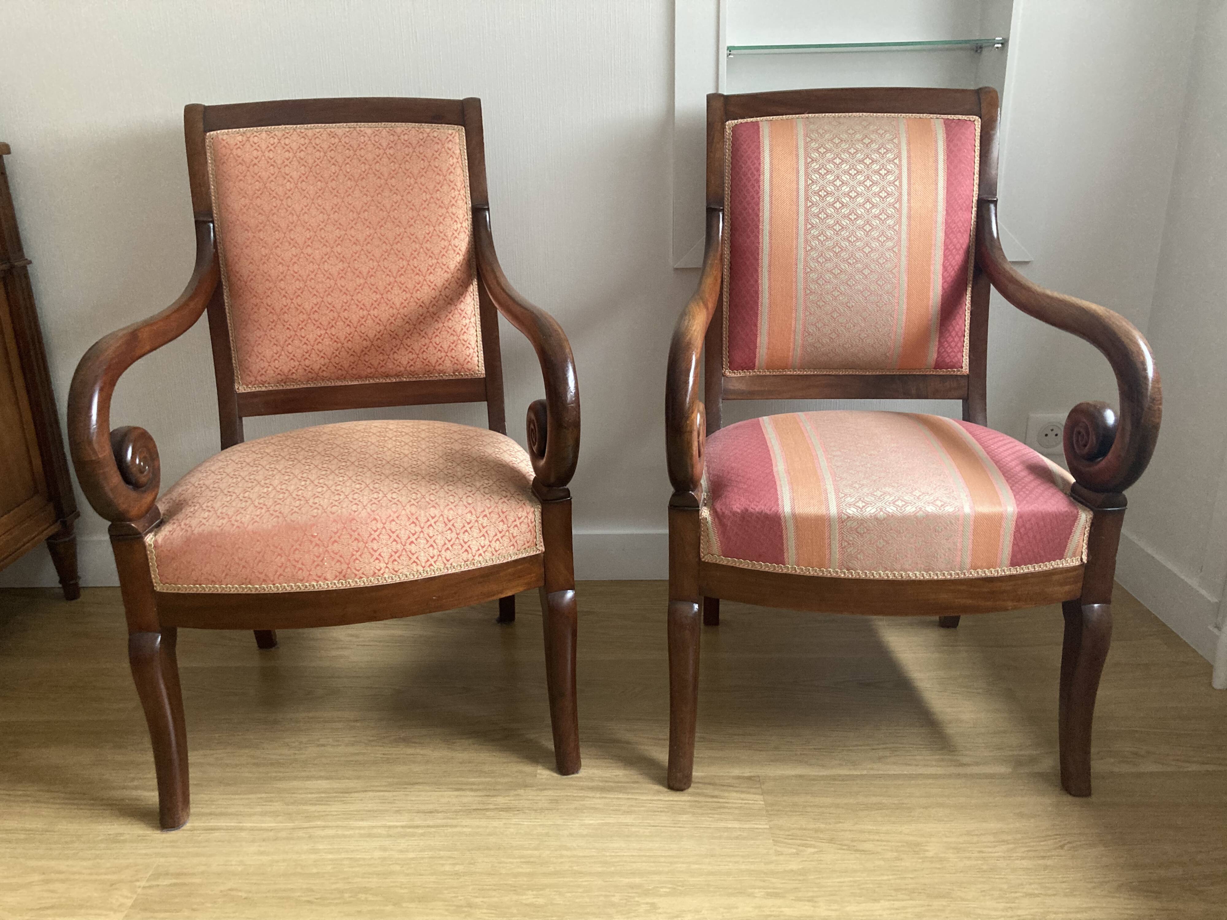 Pair of Restoration style armchairs with curved arms and cabriole legs