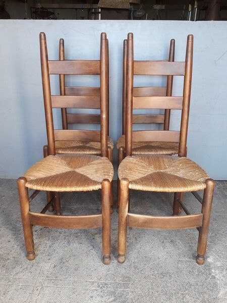 4 modernist chairs design wood and straw era 1960/70