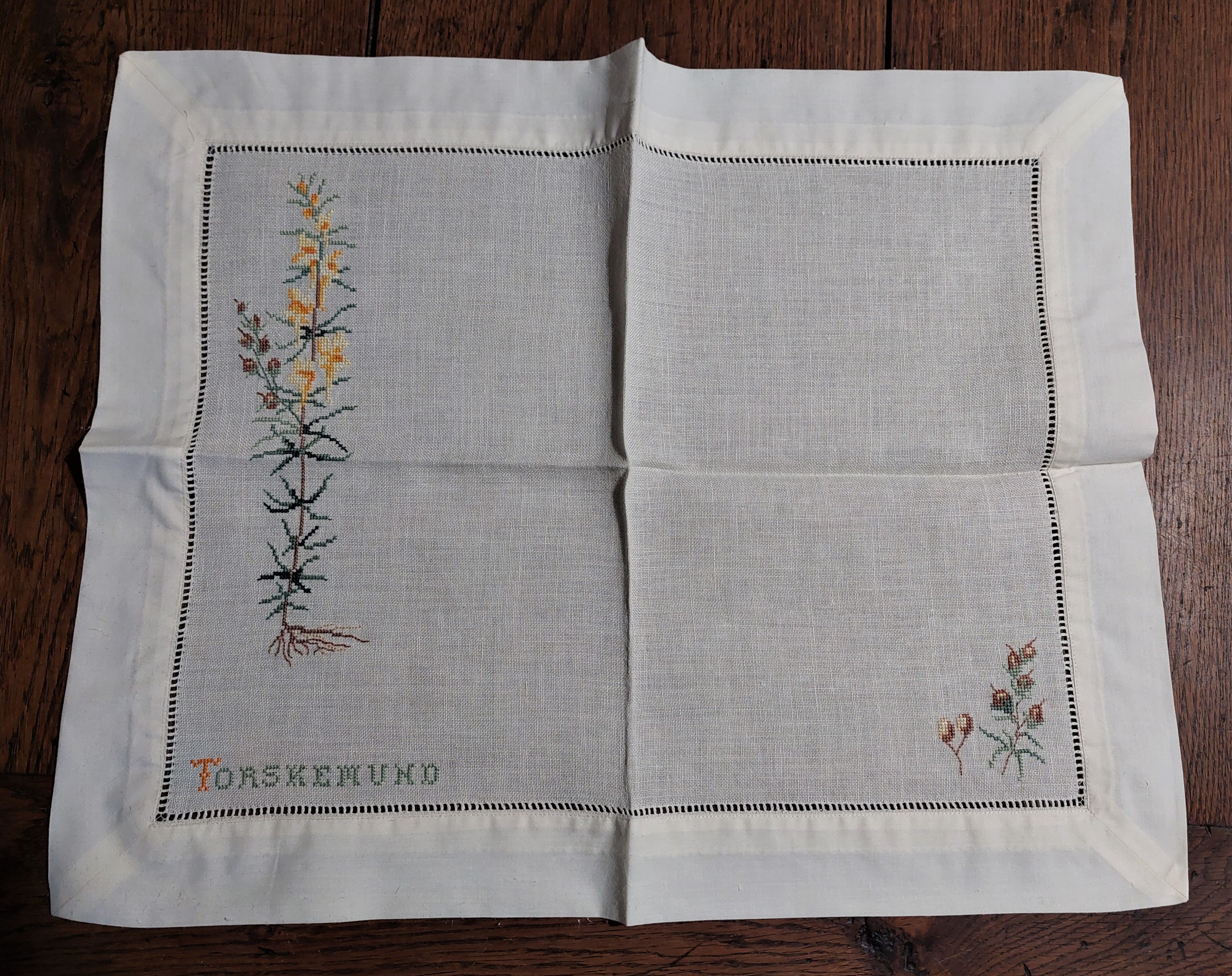 Embroidered placemats in vintage linen field flowers series of seven