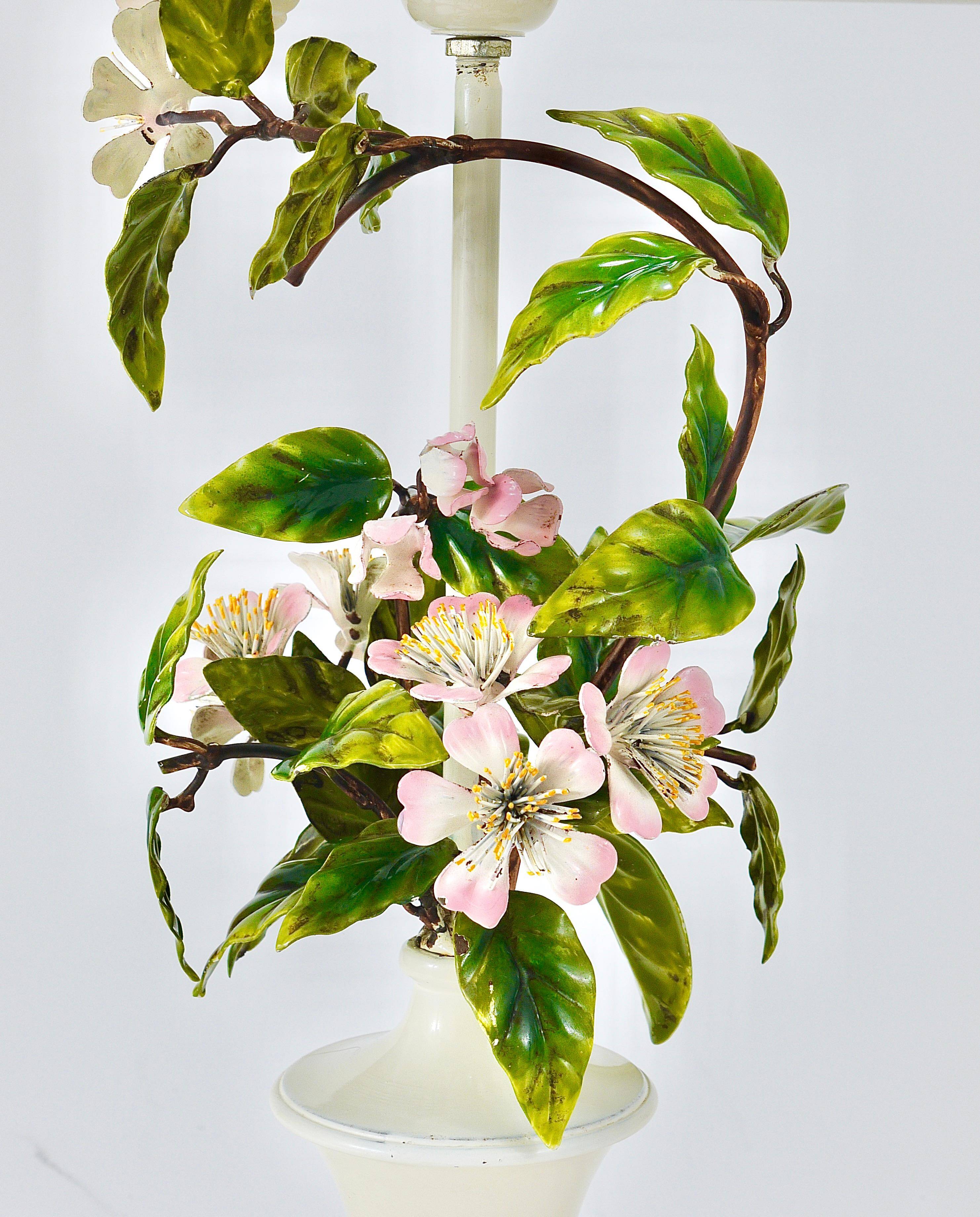 Hand-painted Toleware table lamp with wild apple blossom flowers, Salvadori, Italy, 1950s.