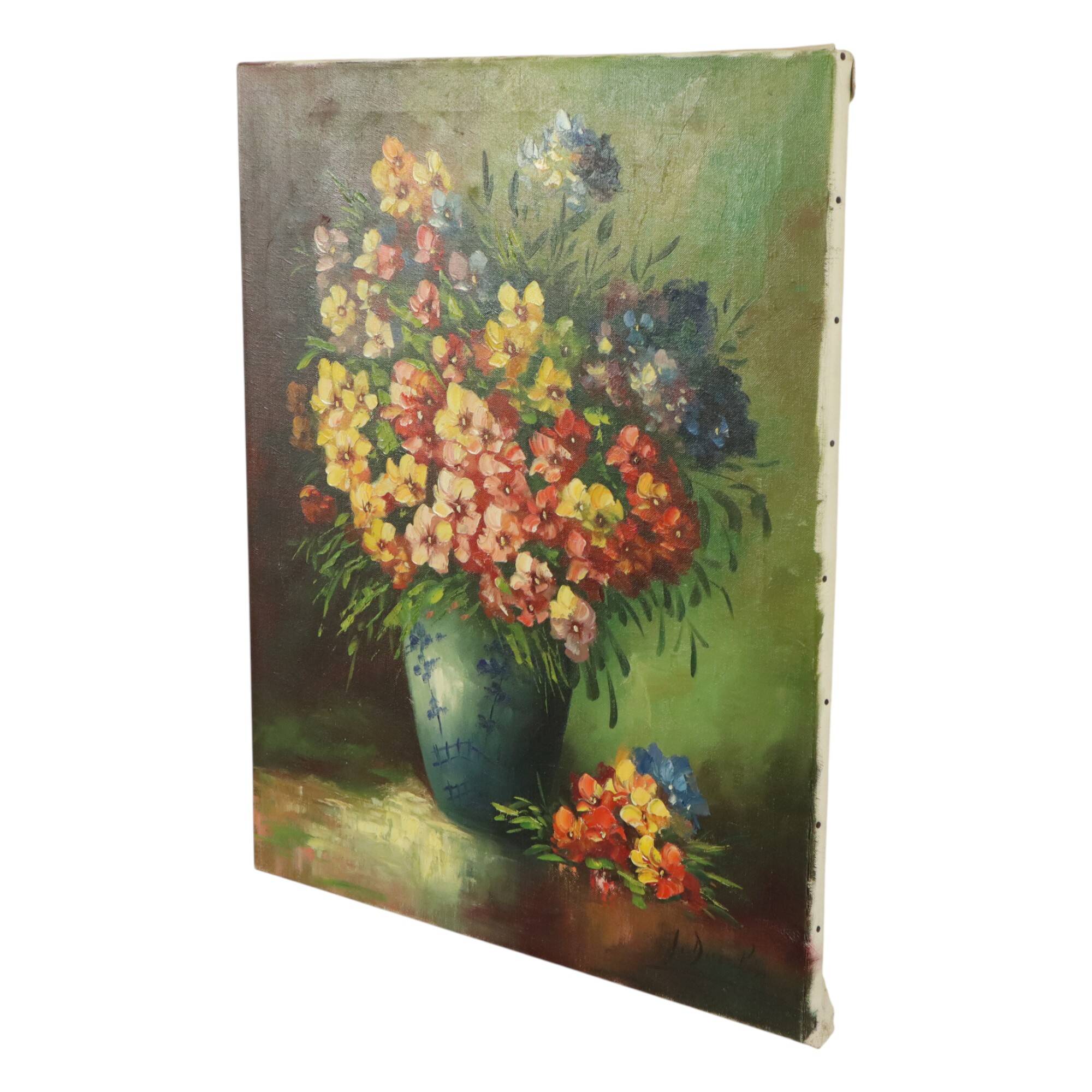 Grande nature morte de fleurs colorées signée 60x50cm