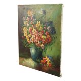 Grande nature morte de fleurs colorées signée 60x50cm