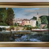 Tableau ancien paysage au bord de l’eau, signé XX siècle