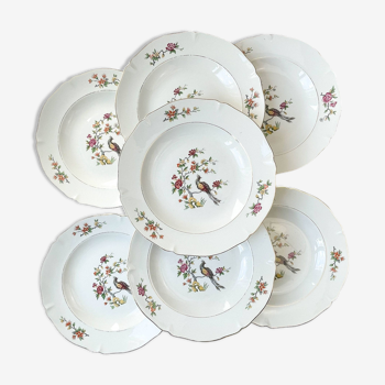 7 assiettes creuses en porcelaine française céranord modèle "regence" motif oiseau de paradis