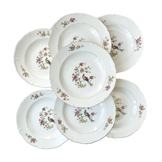 7 assiettes creuses en porcelaine française céranord modèle "regence" motif oiseau de paradis