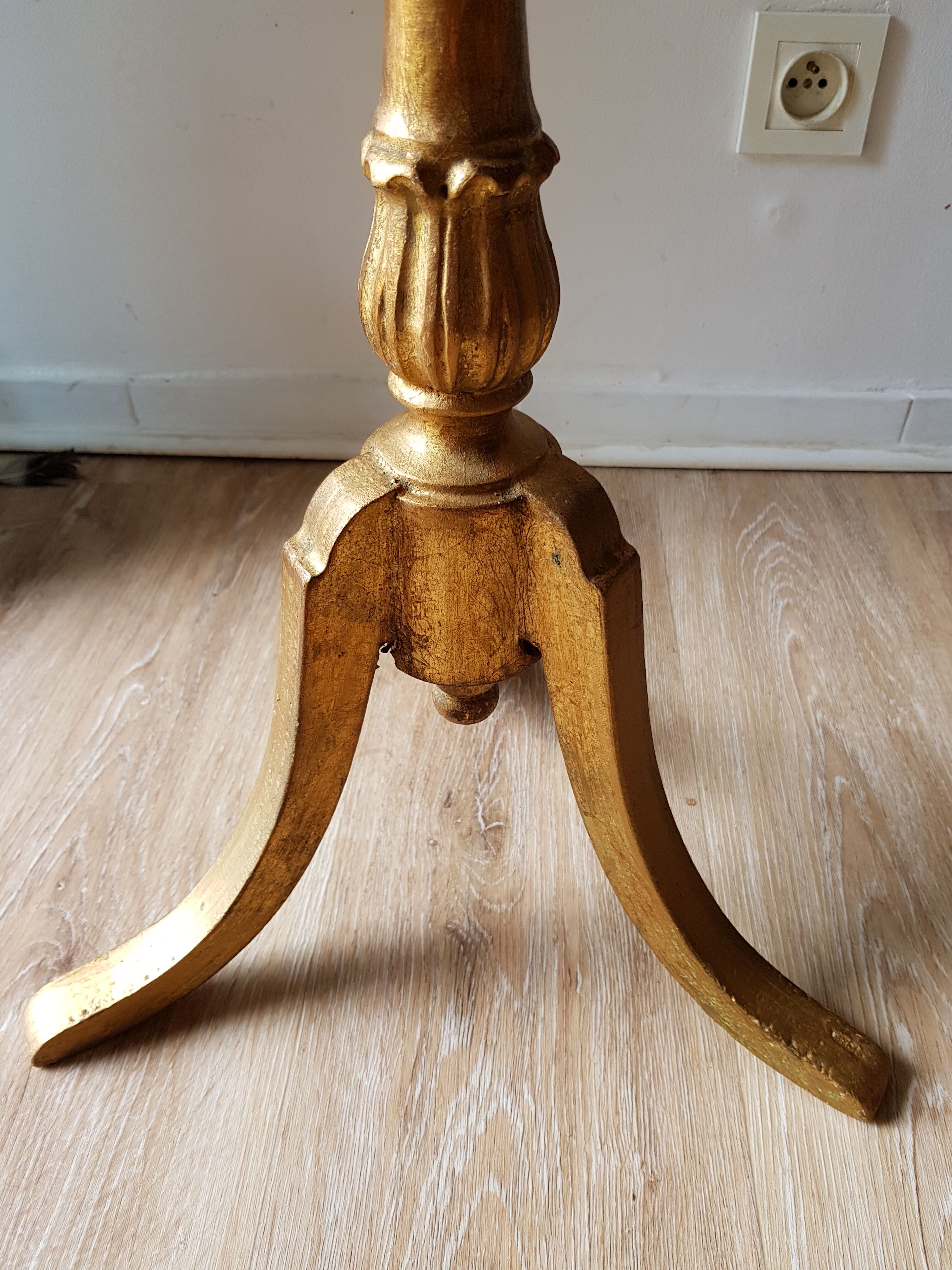 Golden wood tripod pedestal table