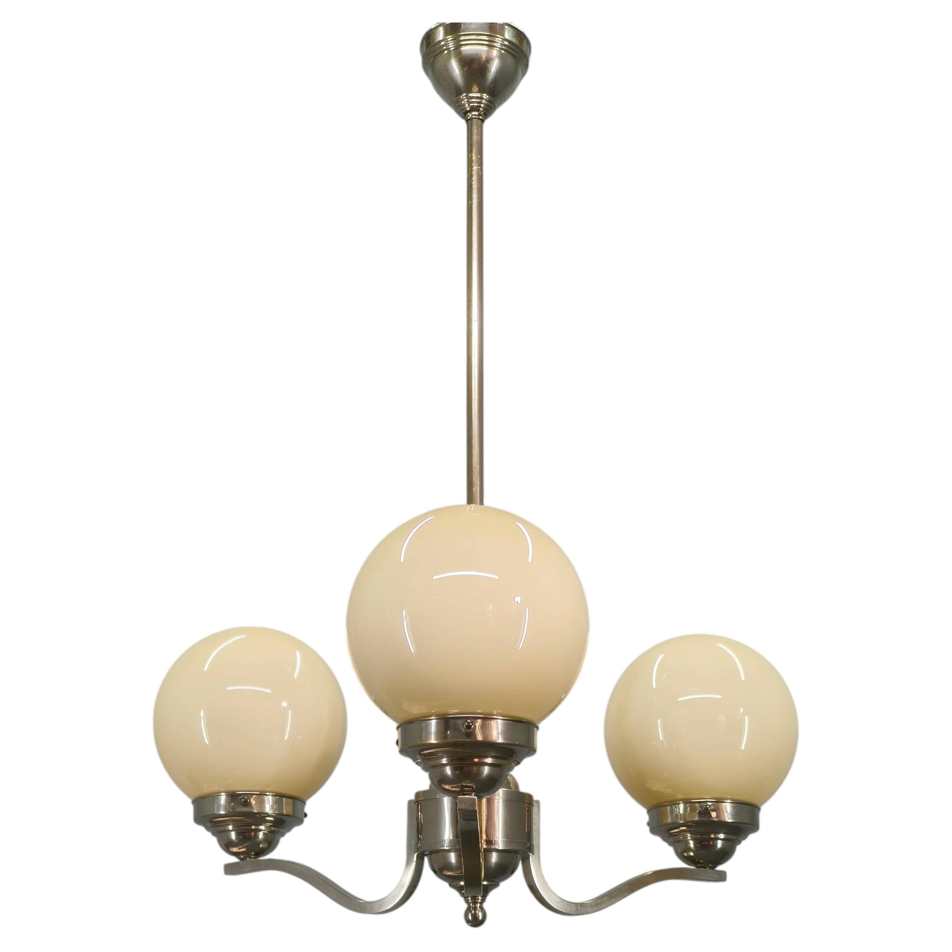 1930s Art Deco Nickel and Glass Chandelier, Czechoslovakia