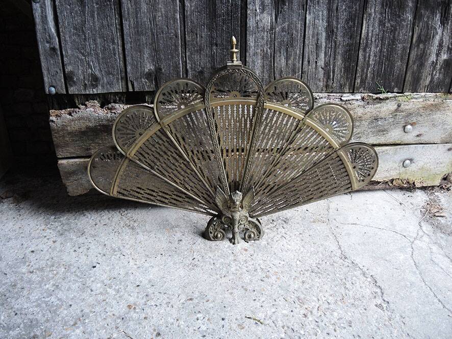 Old Peacock Fire Screen / Brass Fireplace Fan