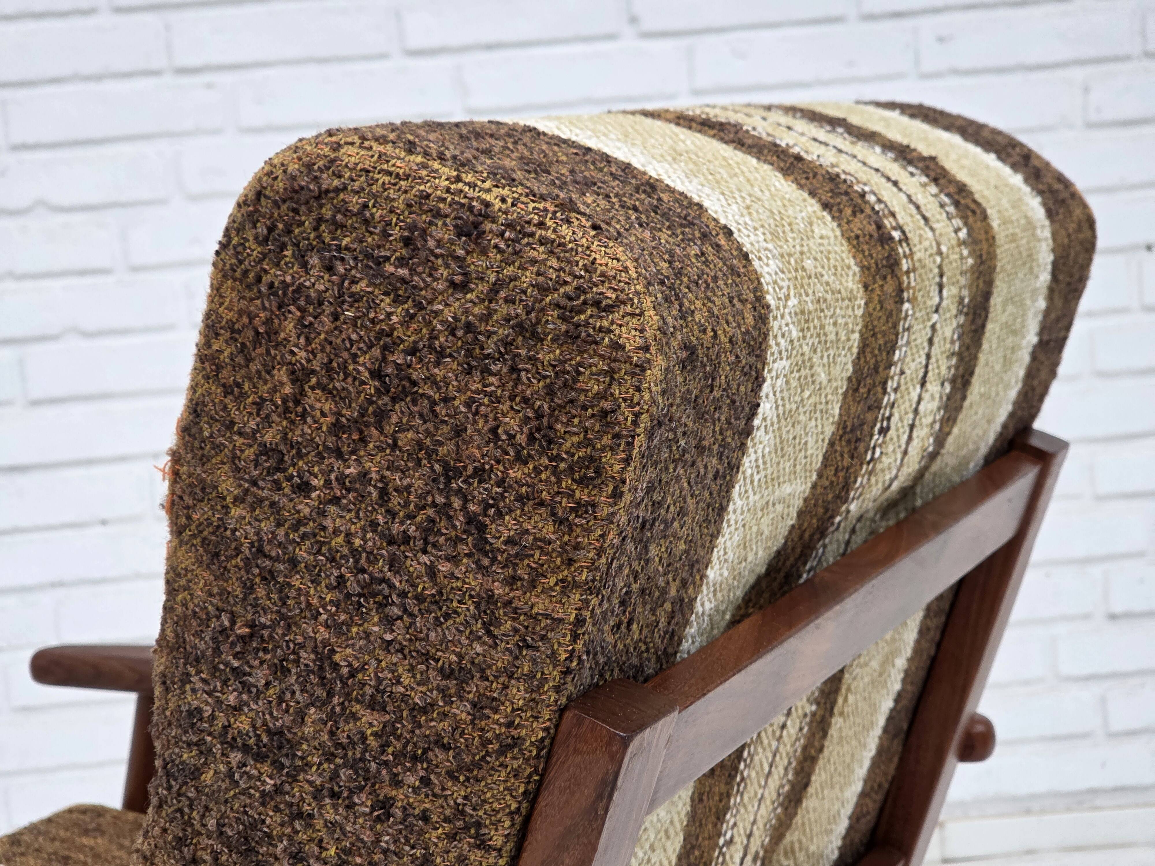 1970s, Danish armchair, teak wood, furniture wool fabric.
