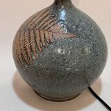 Lampe en grés vintage artiste Alain Blanchard 1970 fougère abat-jour corde raphia campagne