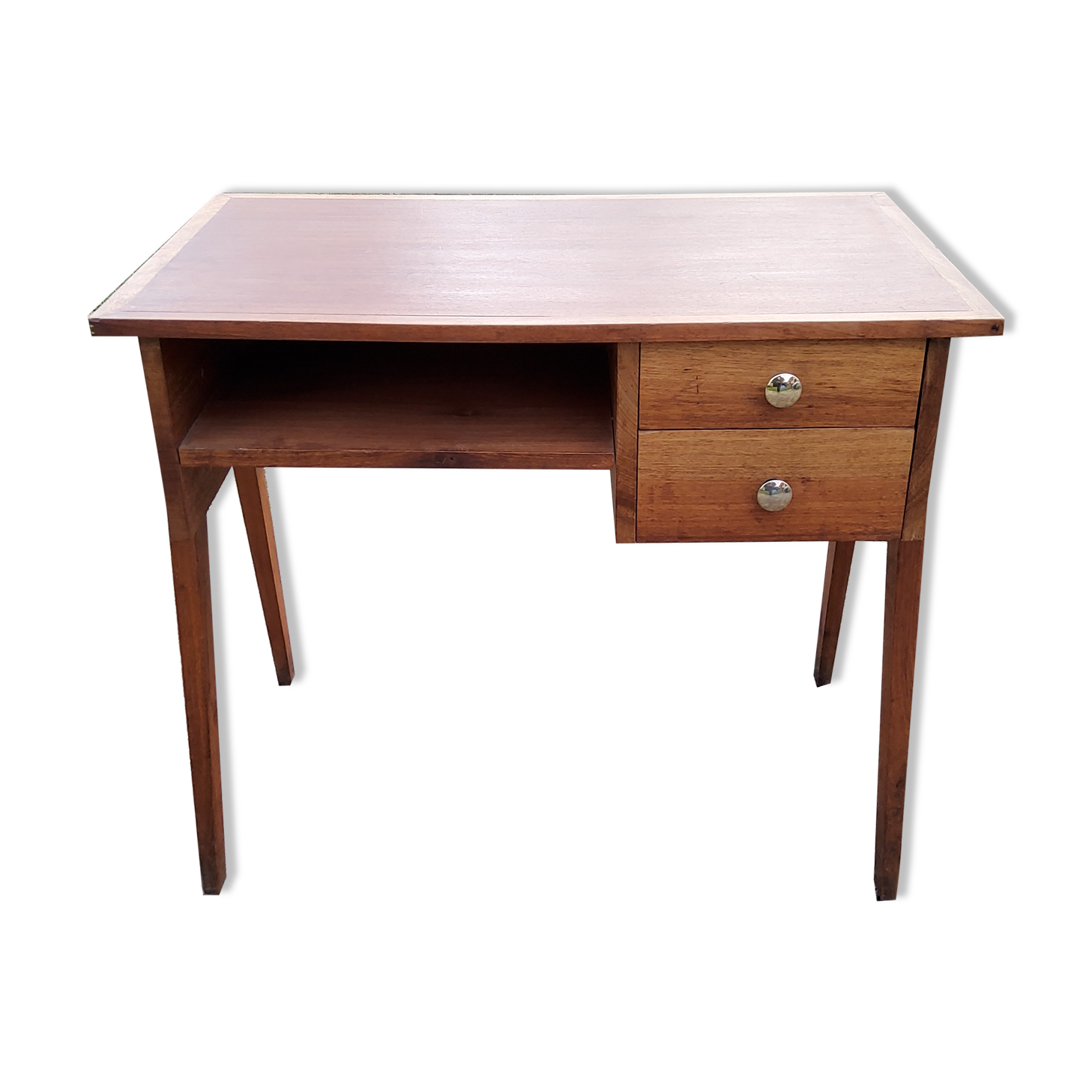 Bureau des années 50 en acajou blond pieds compas