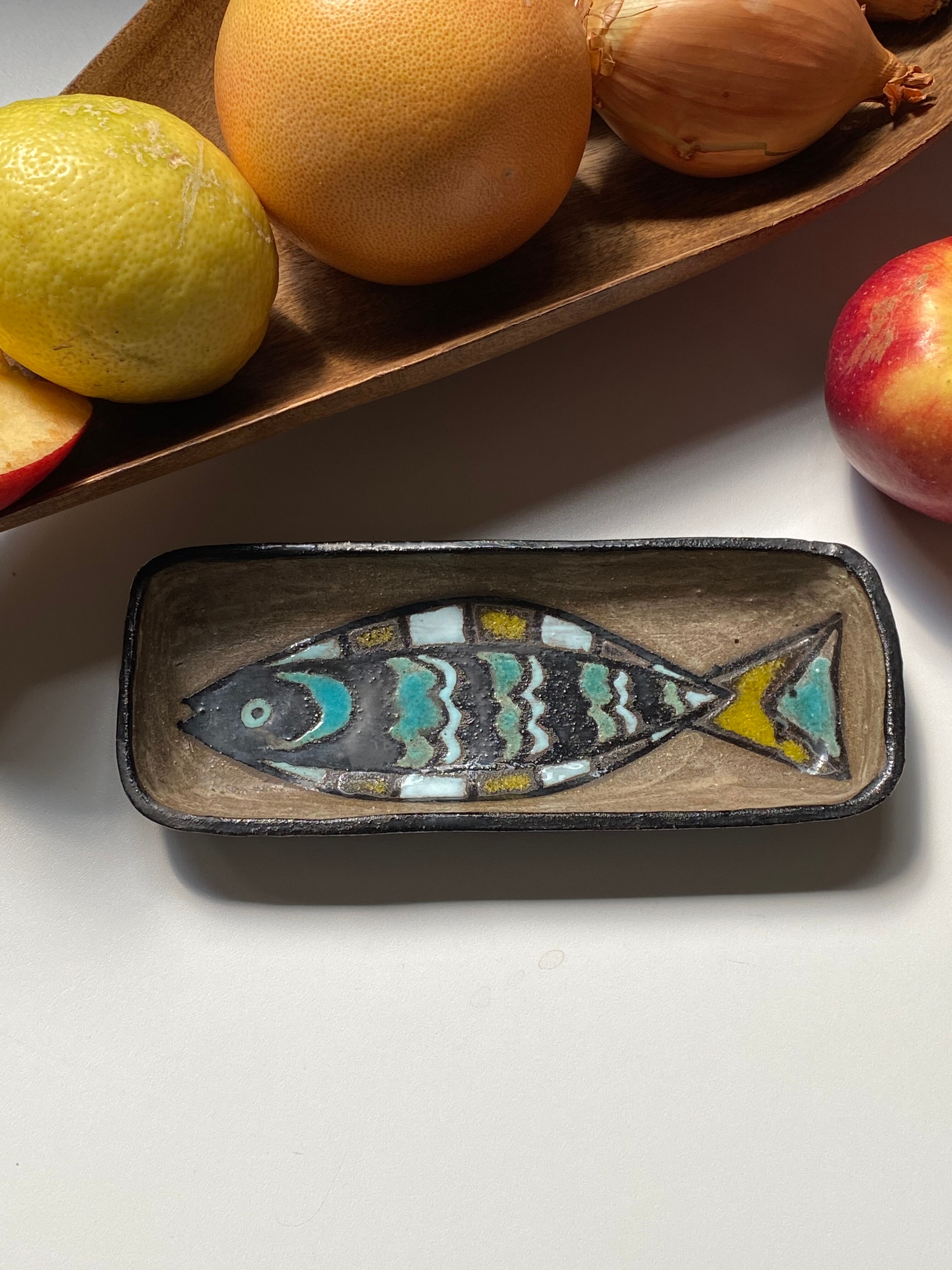 Ceramic ramequin by odette dijeux fish decoration