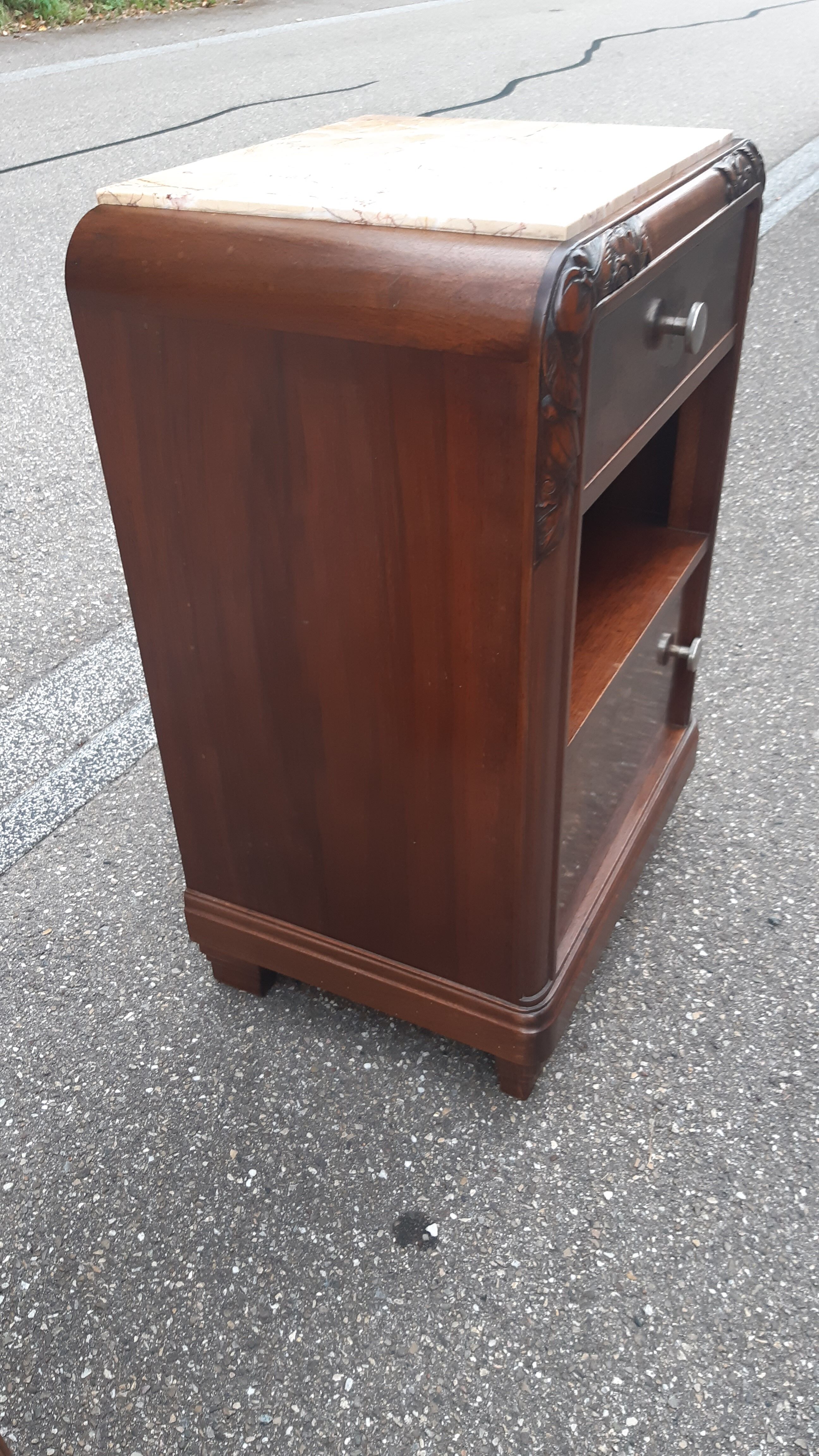 Art Deco bedside tables carved wood and marble 1930