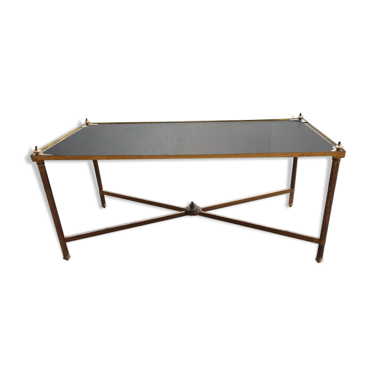 Bronze coffee table and brass oxidized mirror tray