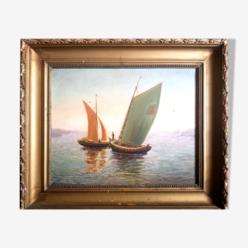 oil on canvas of boats, French school of the twentieth century with frame