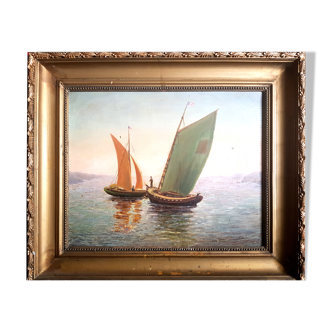 oil on canvas of boats, French school of the twentieth century with frame