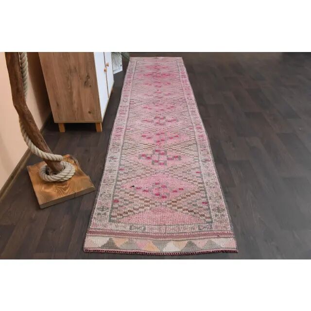 Vintage Turkish Oushak handmade wool cotton pink runner rug 82x346