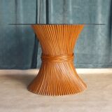 Round Dining Table McGuire Central Foot Bamboo "Wheat Sheaf" / Glass Tray, USA 1970