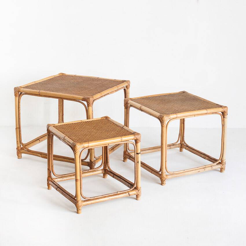 Set of three vintage nesting tables in cane. France, 1960s