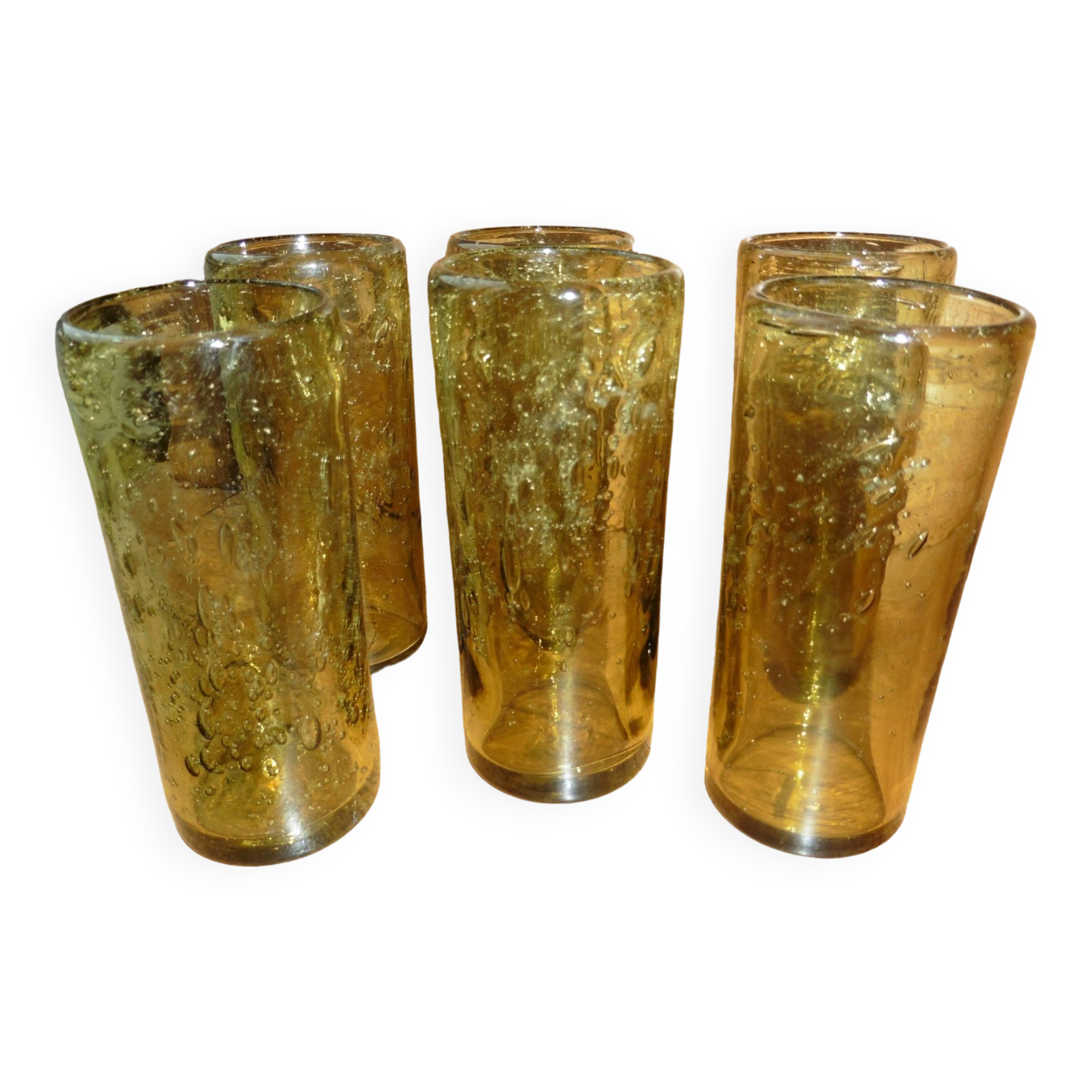 6 bubbled glasses, mouth-blown, Biot amber-colored orangeade service