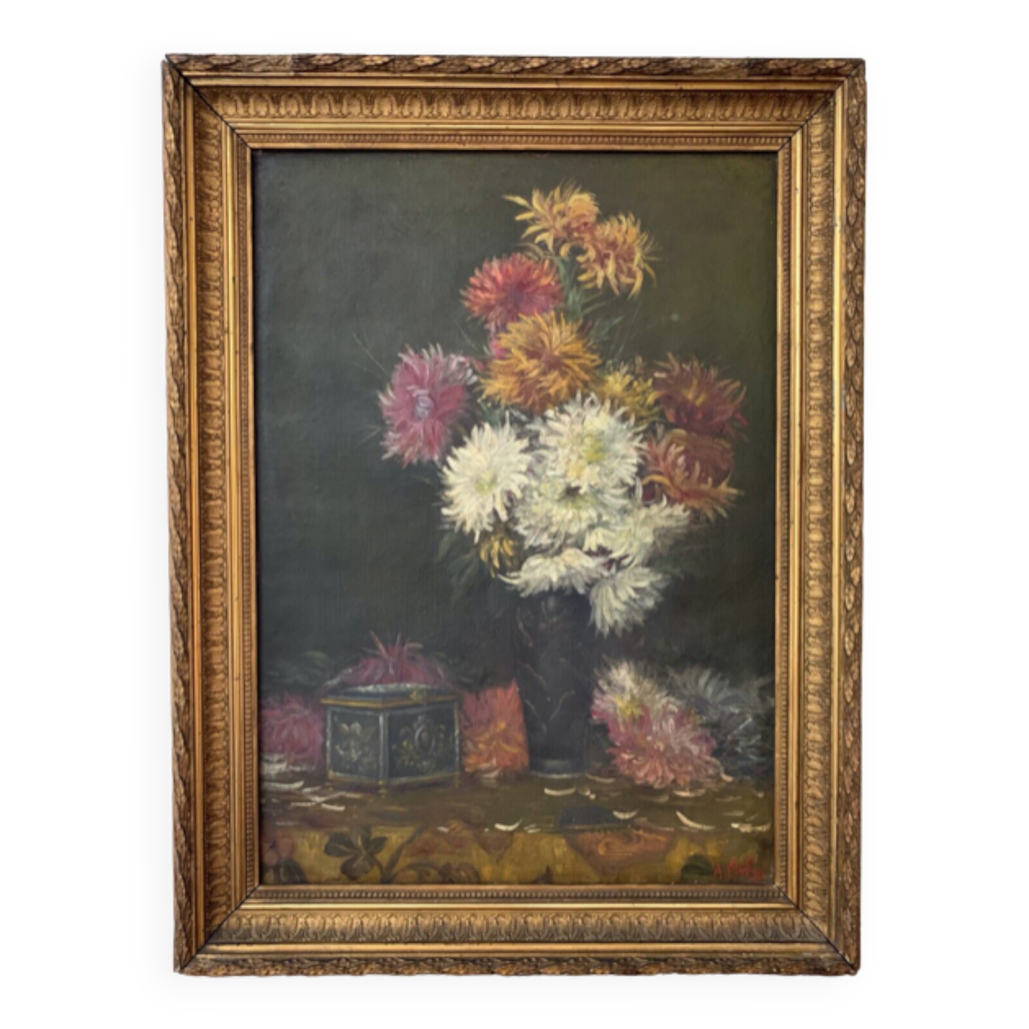 Oil on canvas "Flowers and jewelry box" signed Ombry XIXth