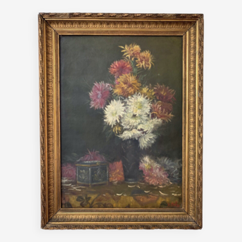 Oil on canvas "Flowers and jewelry box" signed Ombry XIXth