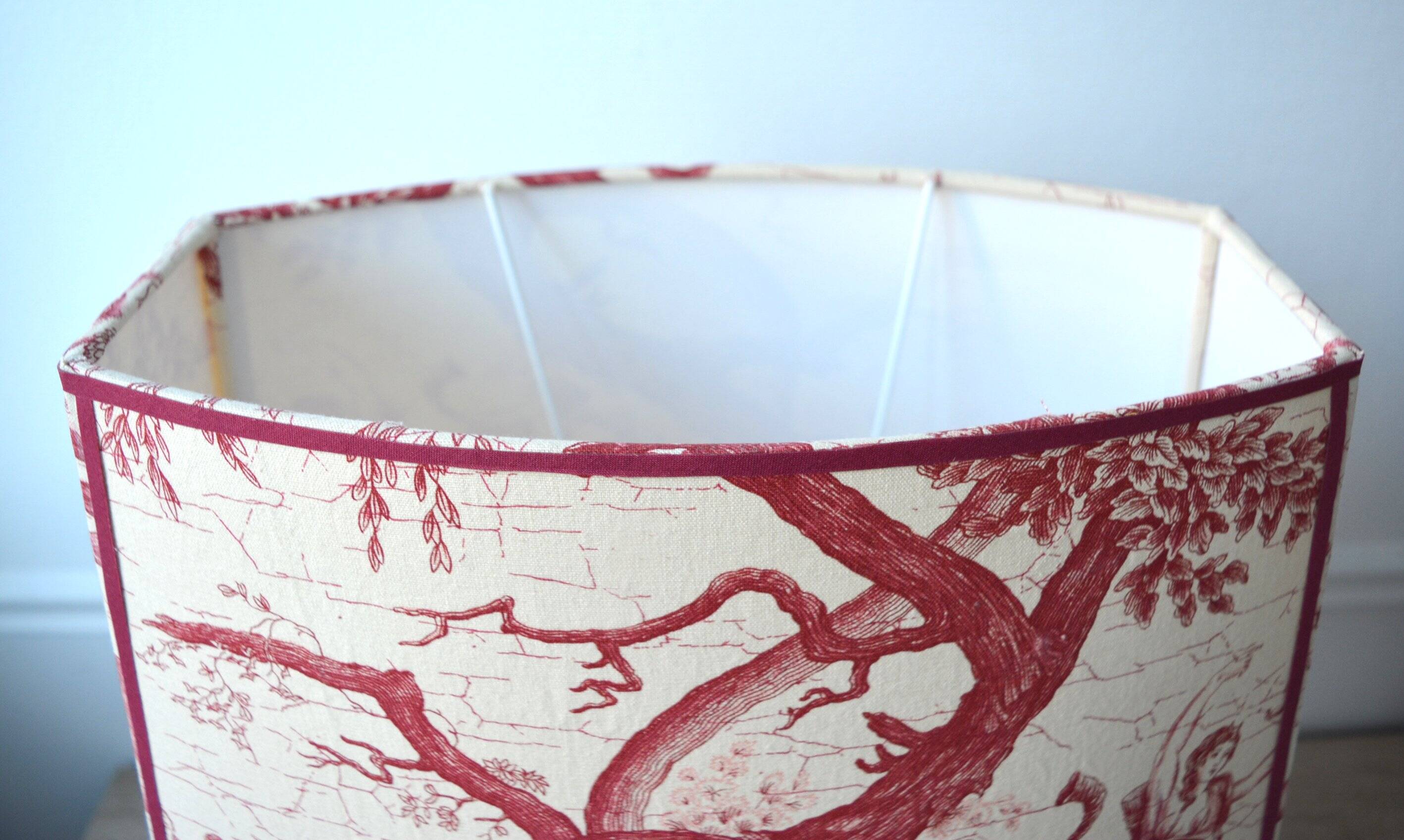 Red toile de Jouy fabric lampshade, Greek goddess Diana the huntress.