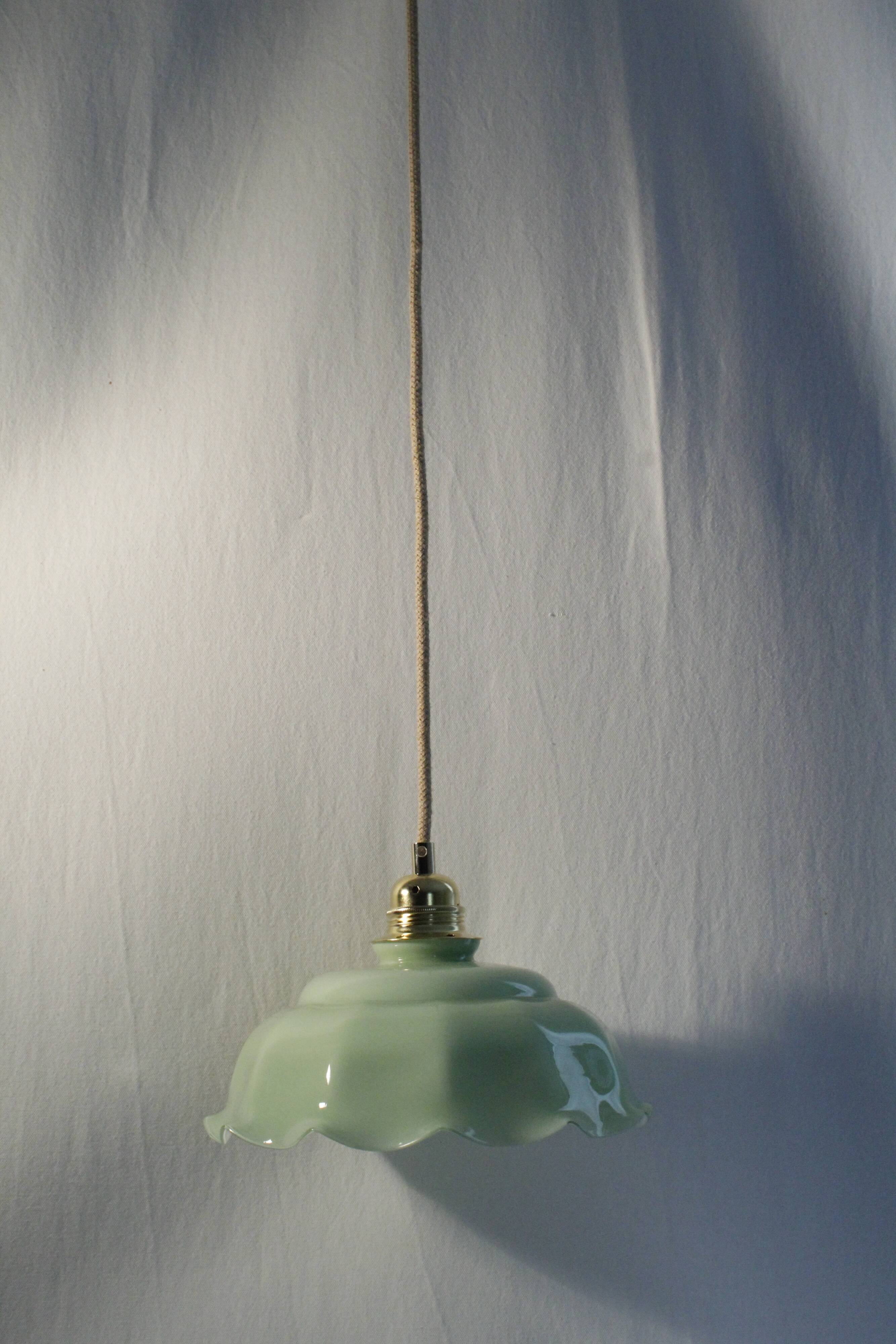 Suspension in vintage almond green opaline - electrified to nine