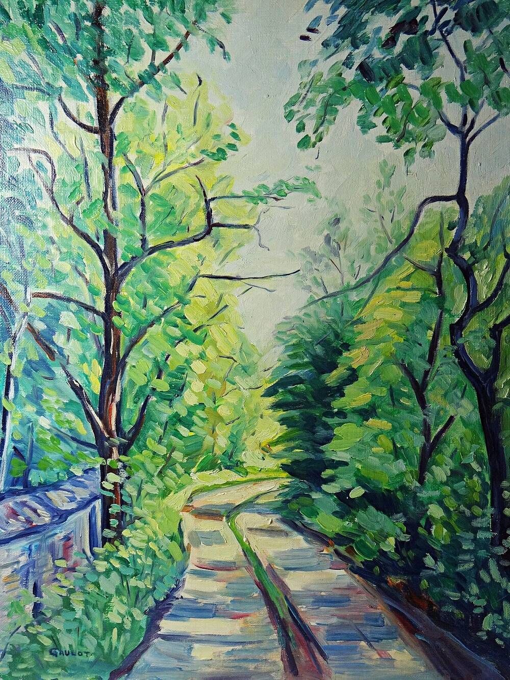 Modern colourful landscape tableau oil on canvas vintage village signed Gaulot