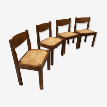 4 chaises paillées et orme vintage années 60