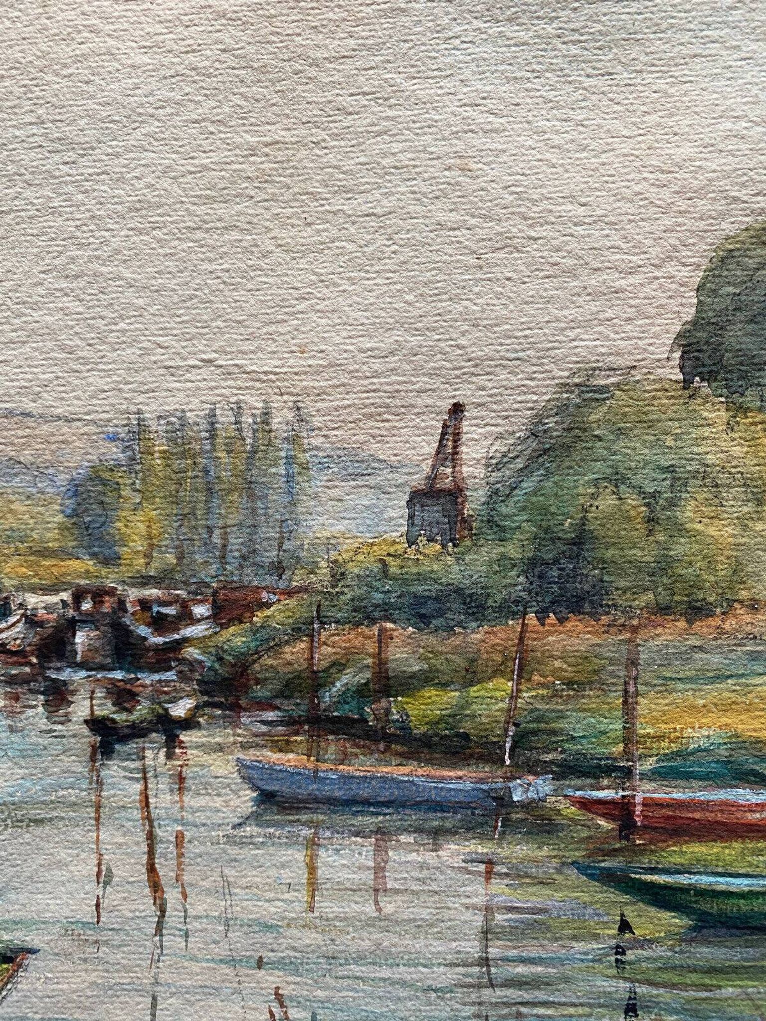 Large watercolor painting "Bords of the Yonne" with boats P. Guillon