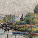 Tableau Aquarelle "Bords de l'Yonne" avec embarcations P. Guillon