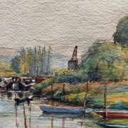 Large watercolor painting "Bords of the Yonne" with boats P. Guillon