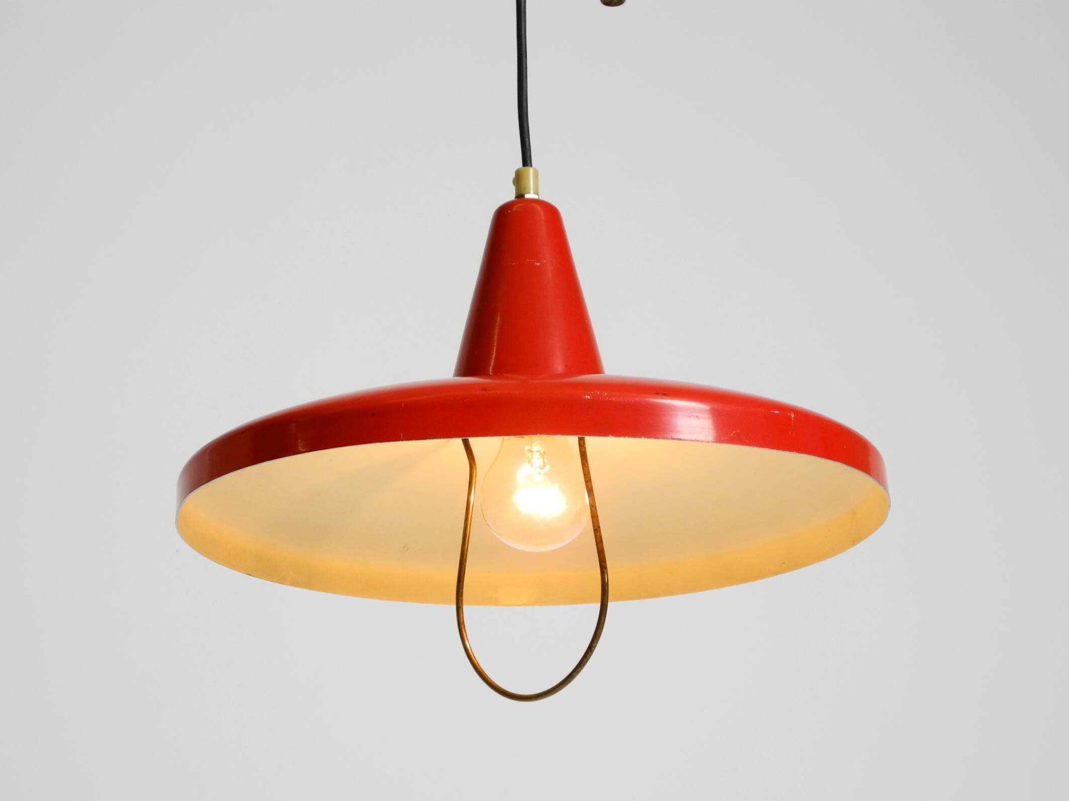 Mid-Century Modern red aluminum pendant lamp, height adjustable, Italy