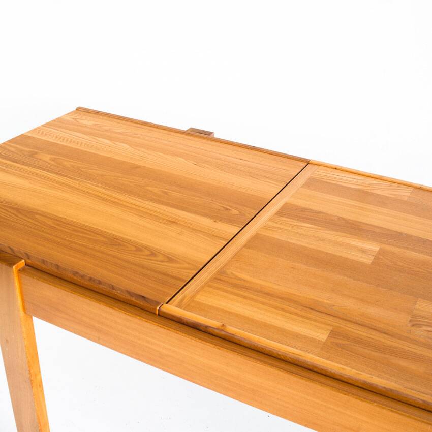 Extendable table and 4 chairs set with a rationalist design in solid elm wood. France, 70's