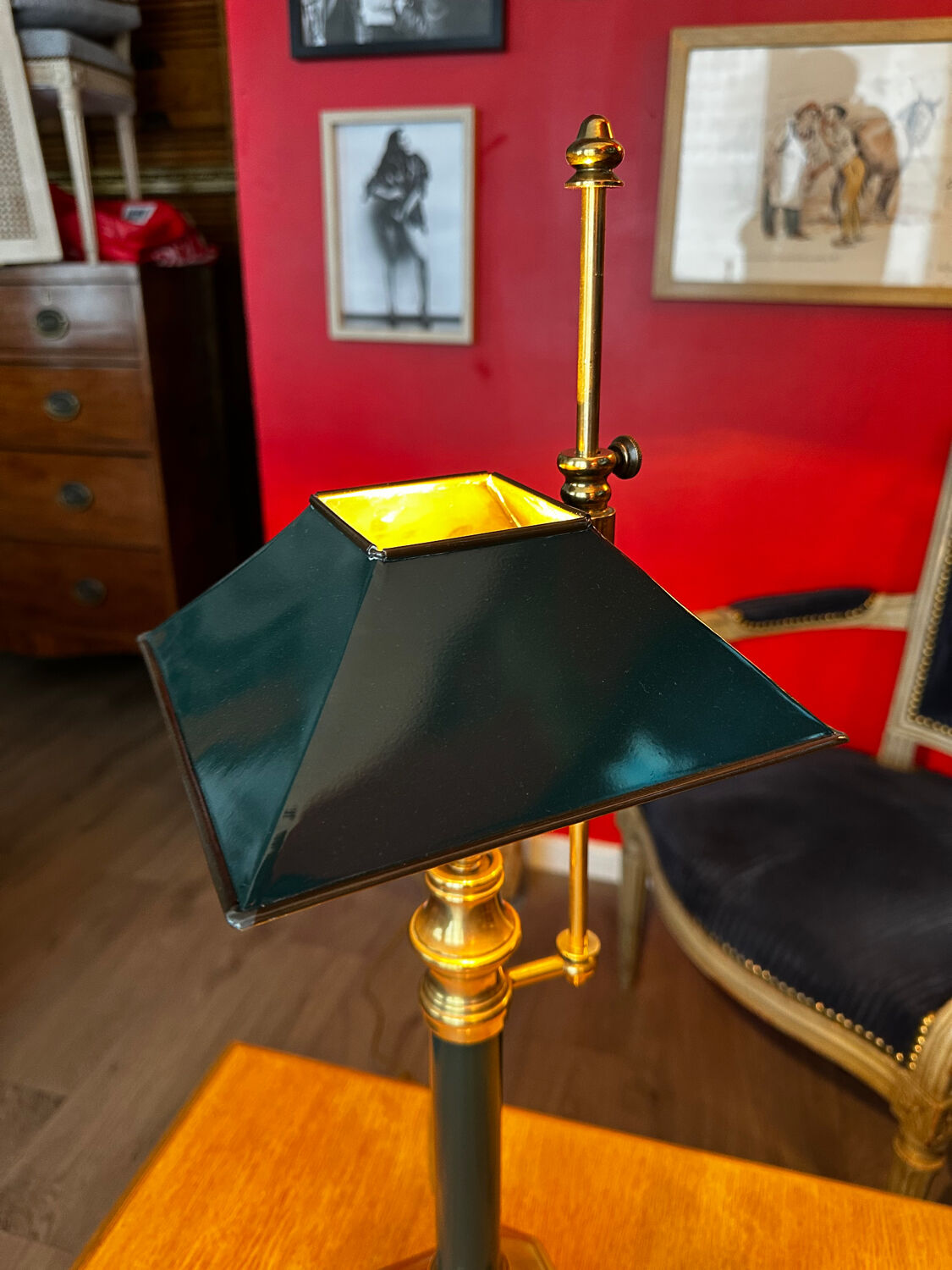 Large Empire Bouillotte Lamp in Brass and Lacquered Sheet Metal Restored - H6