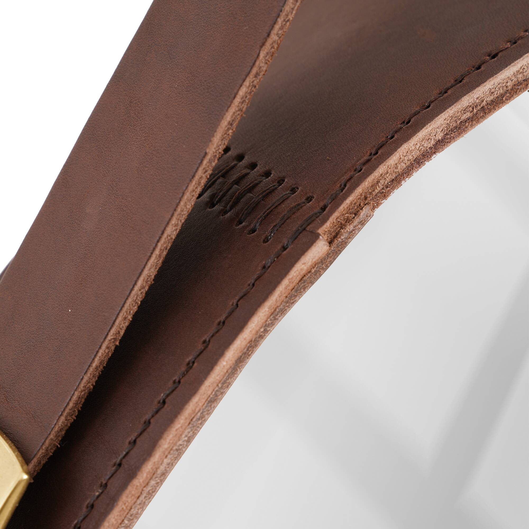 Handmade J. Adnet style mirror in brown vegetable-tanned leather, ø 70 cm