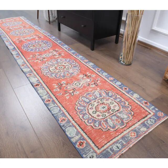 Vintage Turkish handmade wool cotton red runner 65x315