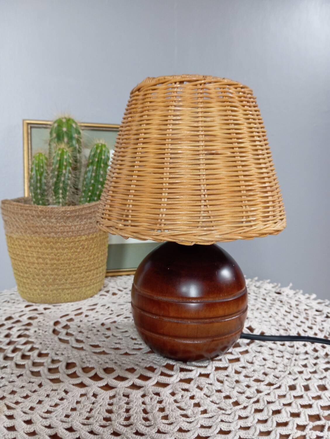 Vintage wooden and rattan table lamp