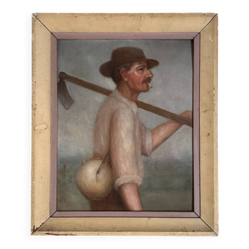 Huile sur panneau fermier travailleur au champ XXe par M. Potiron