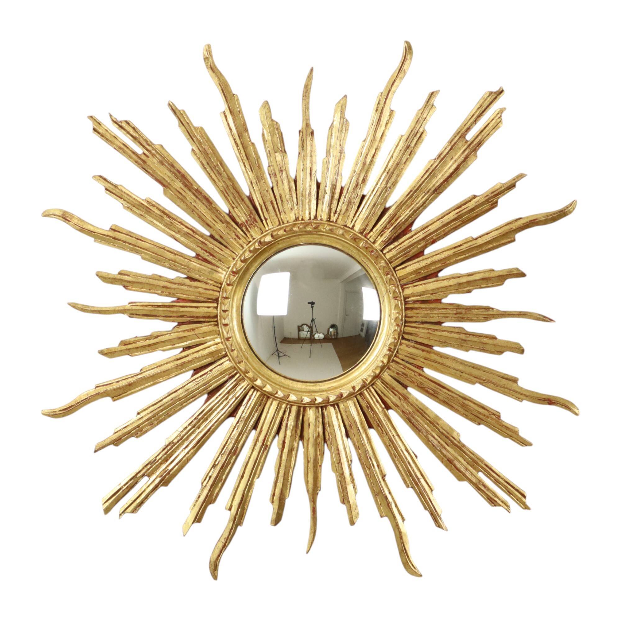 Large Gold Leaf Gilded Wooden Sun Mirror Sunburst Mirror 75cm