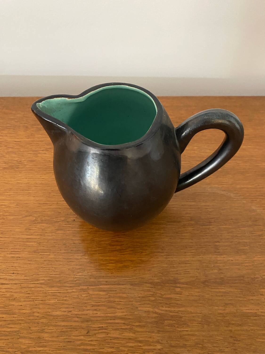 Old ST CLEMENT Ceramic Pitcher Black Green Interior 50's Vintage #B921
