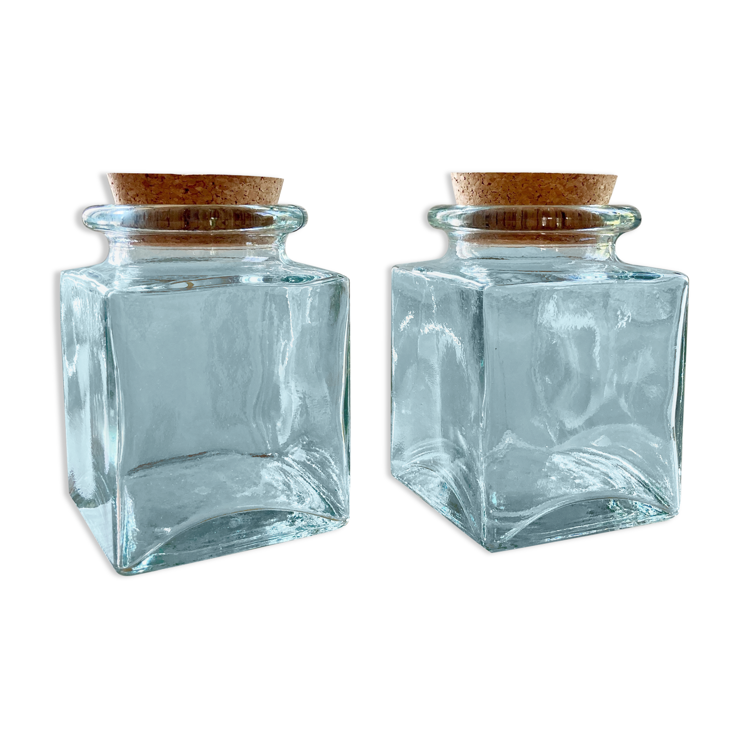 Pair of square jars in tinted glass and corks