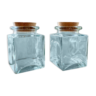 Paire de bocaux carrés en verre teinté et bouchons liège