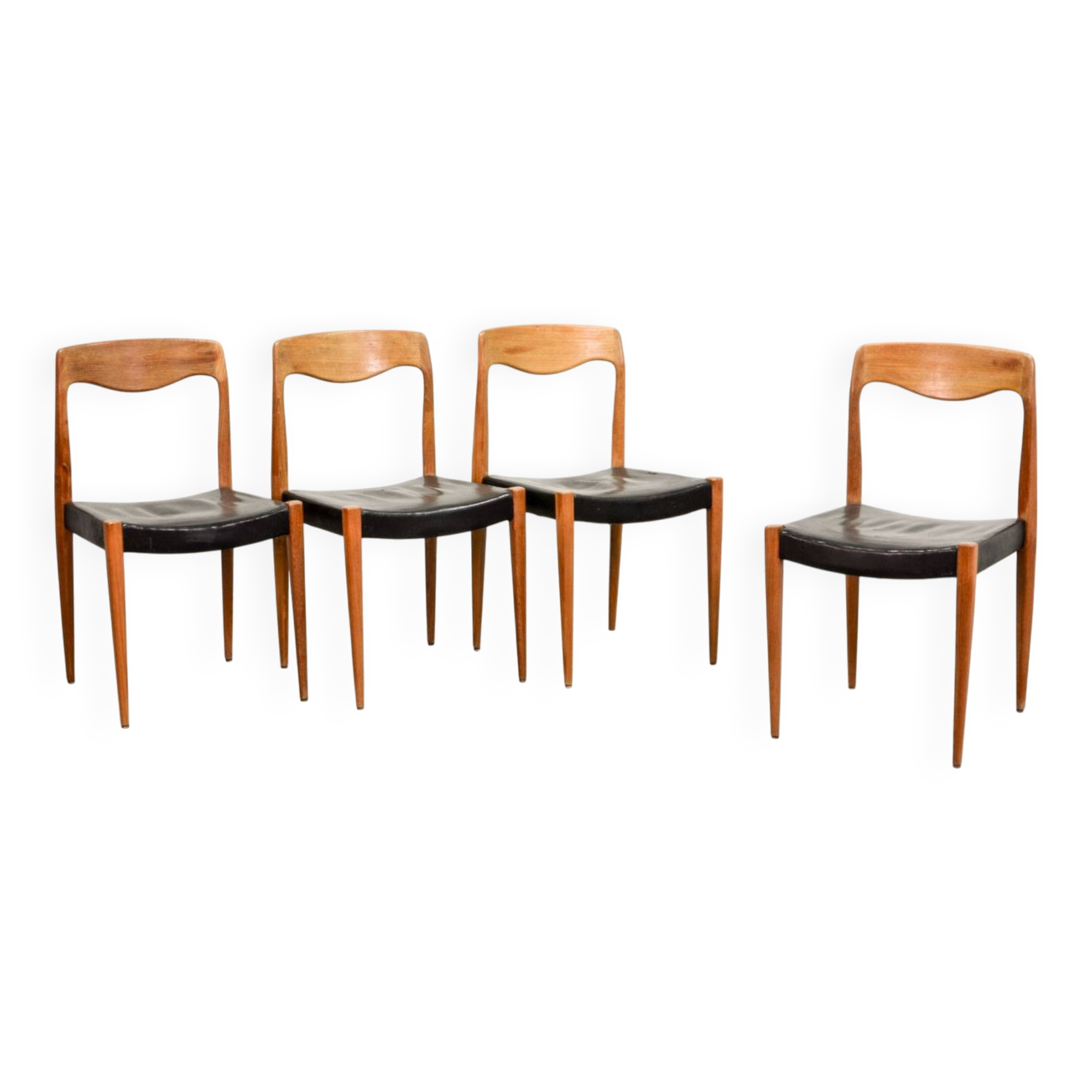 Niels Otto Moller Style Solid Teak Wood Dining Chairs with Leatherette 50s
