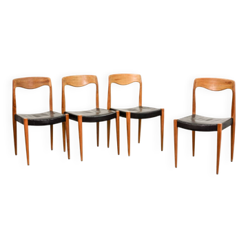 Niels Otto Moller Style Solid Teak Wood Dining Chairs with Leatherette 50s