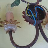 Pair of sconces, patinated metal sheets, glass flowers, 70s