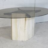 Living table, Comblanchian stone base and elliptical tray in smoked glass, Italy, 1970