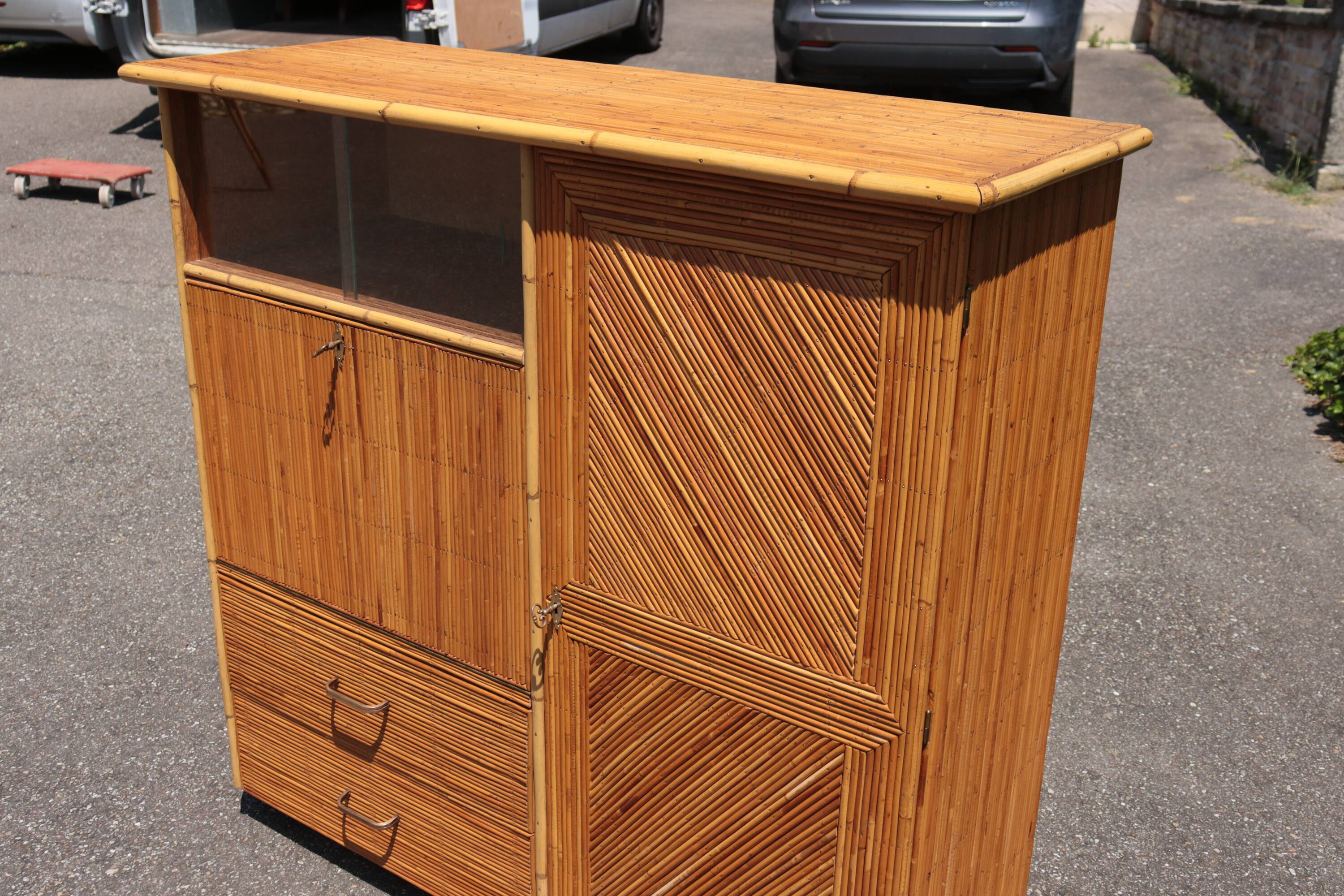 Rattan wardrobe/secretary Audoux & Minnet  style 1950